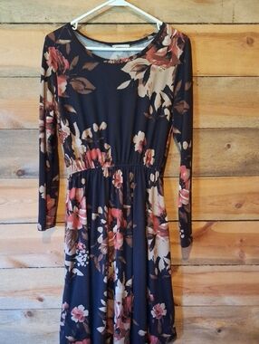 Black Floral Long Sleeve Fit-and-Flare Dress